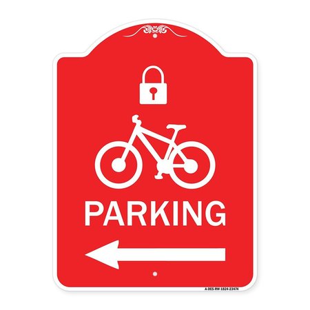 SIGNMISSION Parking W/ Lock Cycle & Left Arrow, Red & White Aluminum Sign, 18" x 24", RW-1824-23474 A-DES-RW-1824-23474
